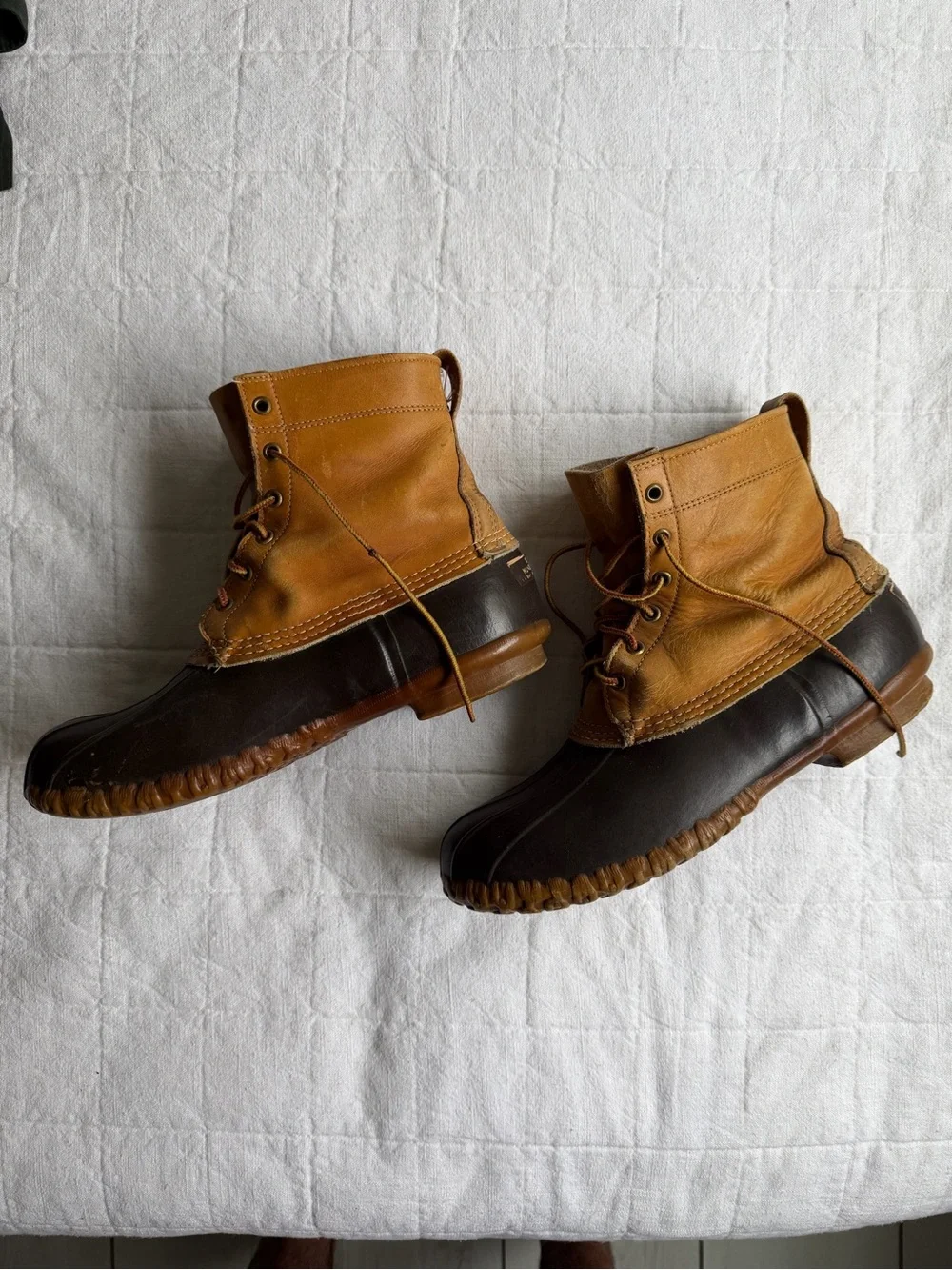 VINTAGE OG LL Bean Men's Two-Tone Brown Leather Duck Boots - Tan & Dark Brown